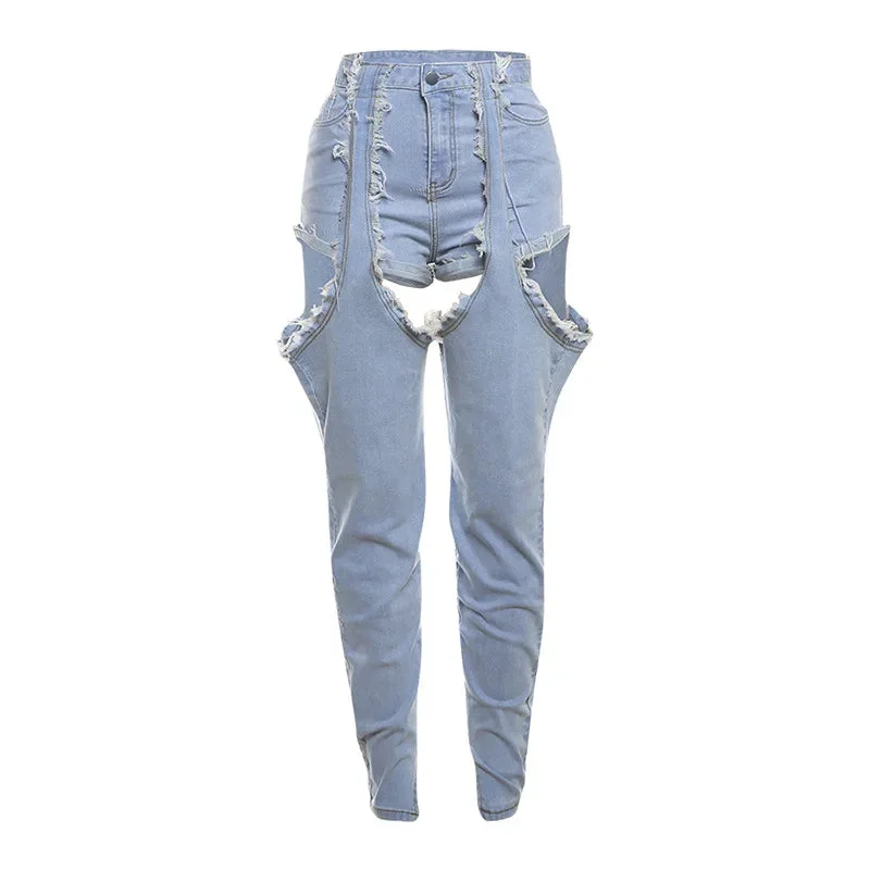 Bomblook C618PT 2024 Summer Denim New Arrival Pencil Jeans Ladies Cut Out Denim Patchwork Streetwear Jeans Women