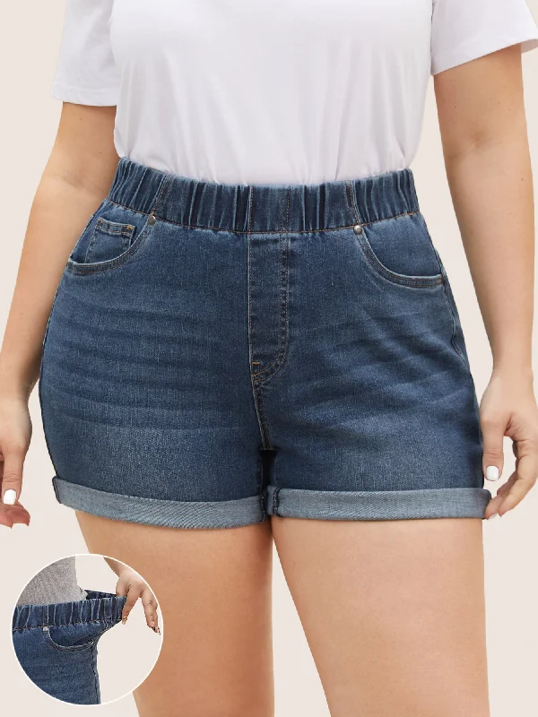 Dark Wash Elastic Waist Roll Hem Denim Shorts