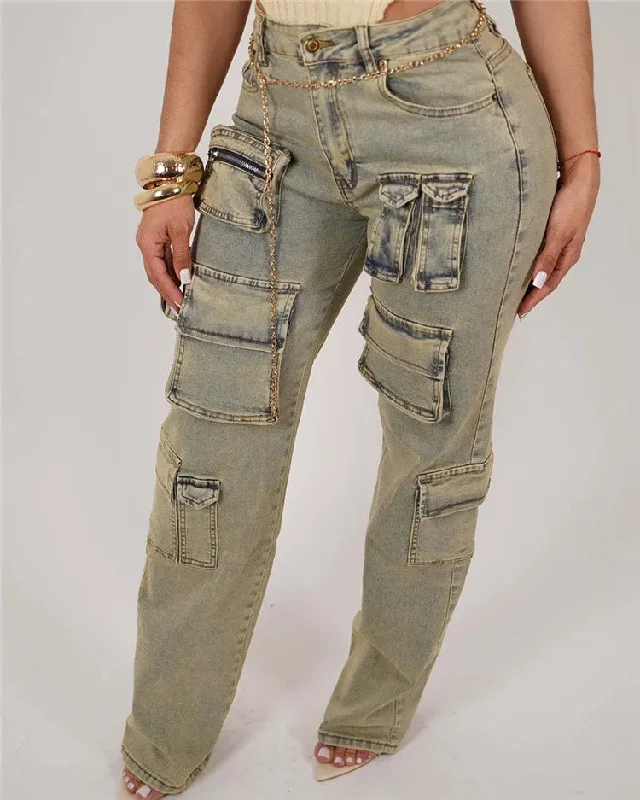 Fashion Multi Pocket Front Zipper Fly Straight Jeans for Women 2024 Street Autumn Denim Pants