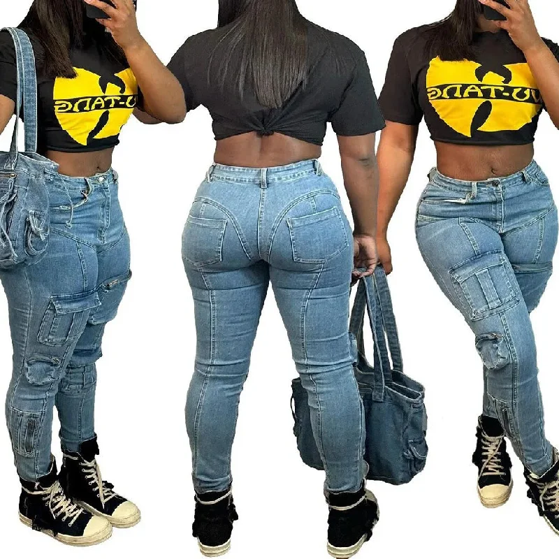 Multi Pockets Denim Stretch Pants Sexy Women High Waist Elegant Streetwear Jeans Casual Pencil Trousers