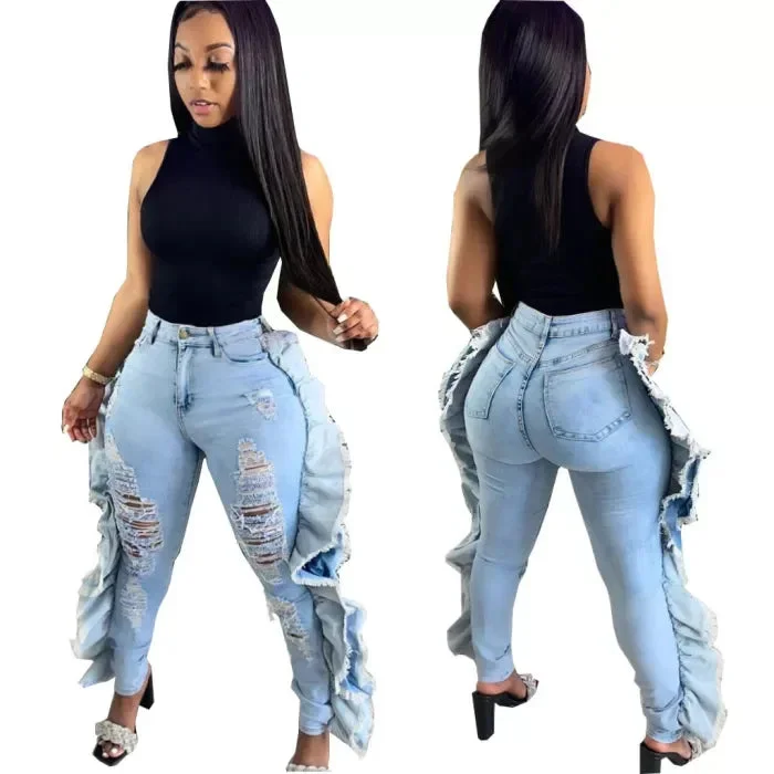 New Trendy Ripped Ruffle Denim Pants  Disstressed Skinny Jeans For Women