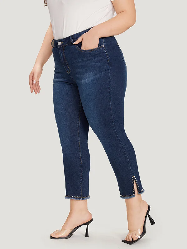 Plain Split Side Beaded Detail Dark Wash Jeans