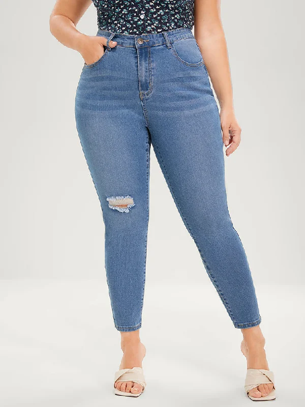 Skinny Very Stretchy High Rise Medium Wash Distressed  Ankle Jeans