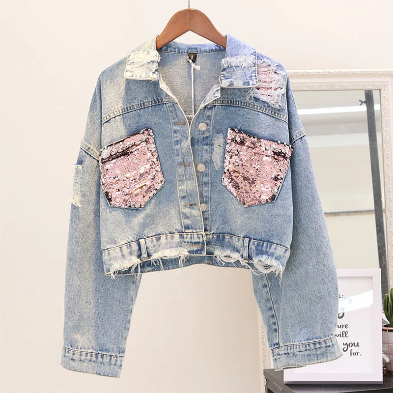 FashionSierra - Pink Shiny Sequin Denim Jacket