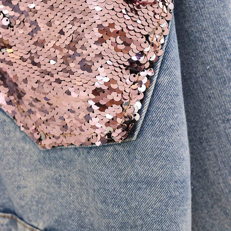 FashionSierra - Pink Shiny Sequin Denim Jacket