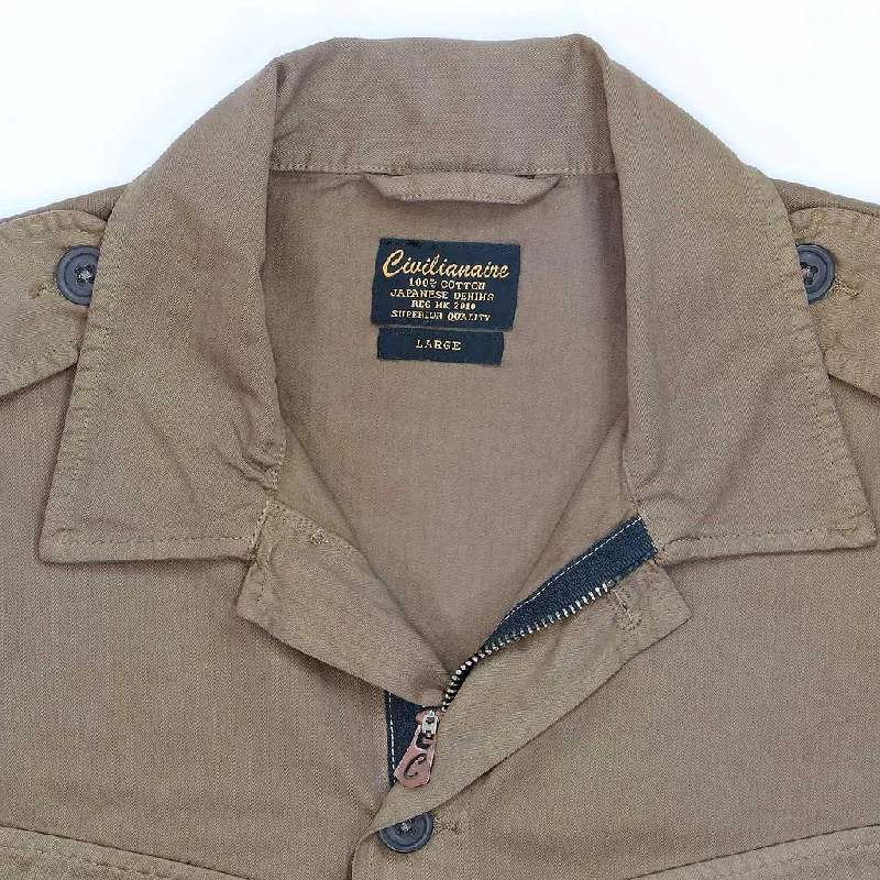 3 Pocket Herringbone Cotton Officer Jacket - Sepia #2008