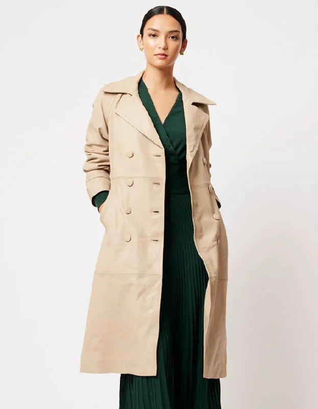 Astra Reglan Sleeve Leather Trench Coat Oatmeal