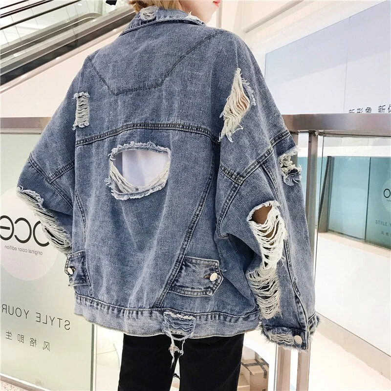 FashionSierra - Hole Denim Bomber Jacket