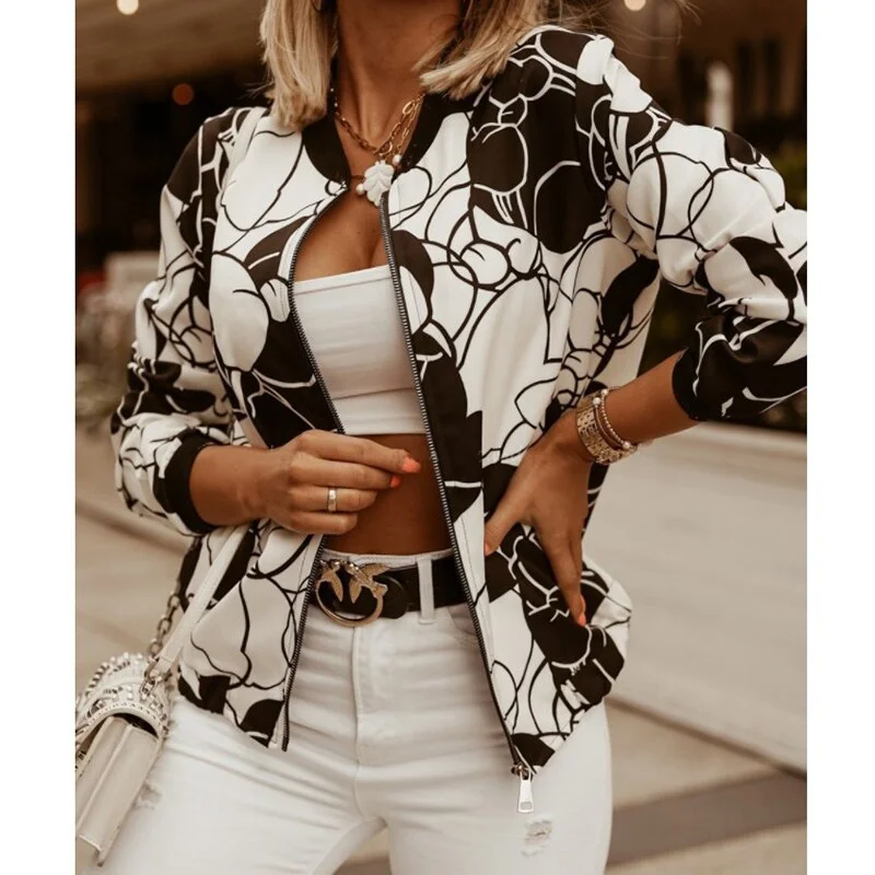 FashionSierra - Flower Print Long Sleeve Zipper Jacket