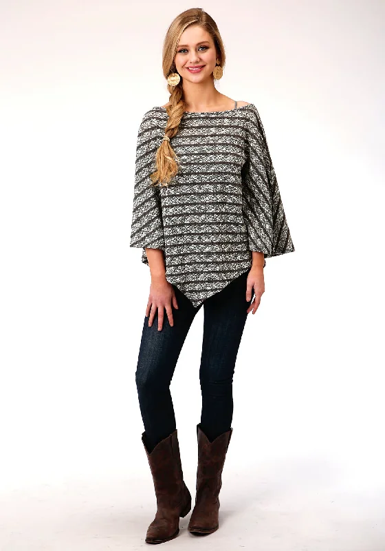 Roper Womens Black/White Cotton Blend Open Knit S/S Poncho