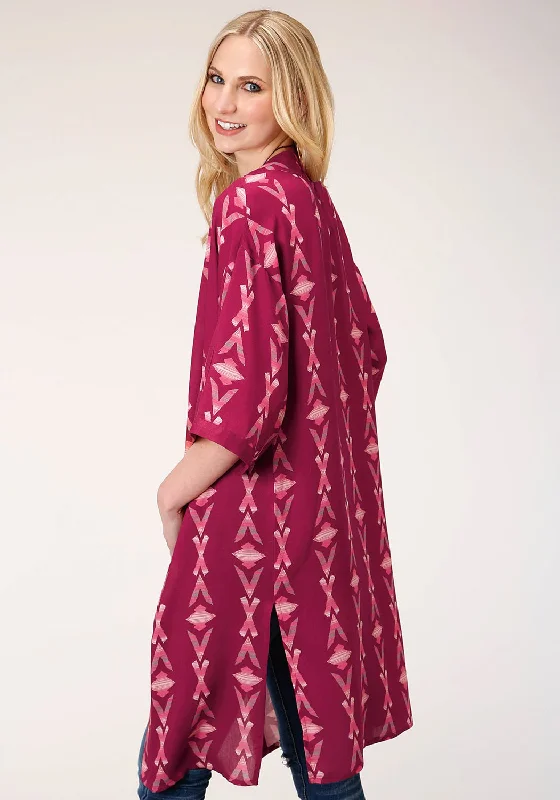 Roper Womens Wine Rayon/Nylon Aztec Print Kimono Cardigan