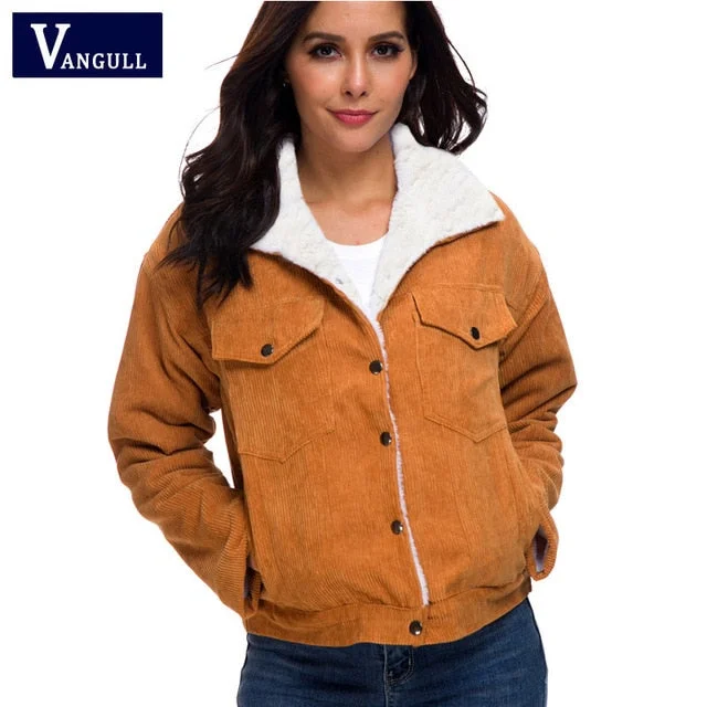 VANGULL Women Winter Jacket Thick Fur Lined Coats Parkas Fashion Faux Fur Lining Corduroy Bomber Jackets Cute Outwear 2019 New