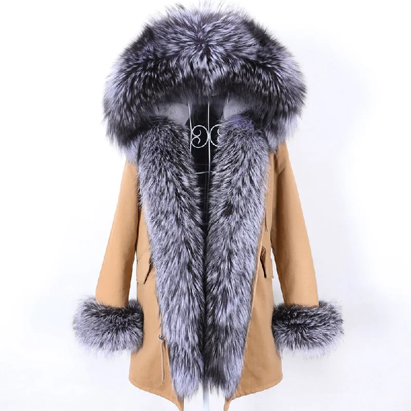 Winter Removable Real Fox Fur Collar Long Hooded Jacket for Women