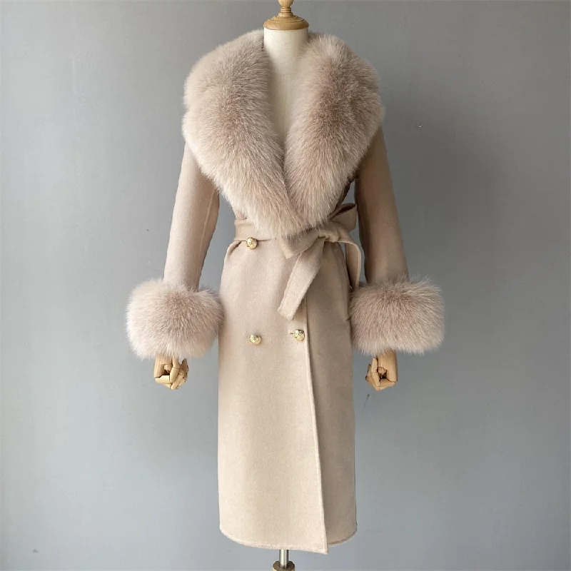 Women's Beige Double Faced Wool Real Fox Fur Collar Cuffs Winter Jacket