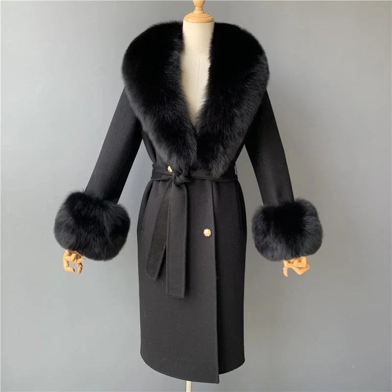 Women's Black Real Fox Fur Collar Cashmere Wool Blends Long Winter Jacket