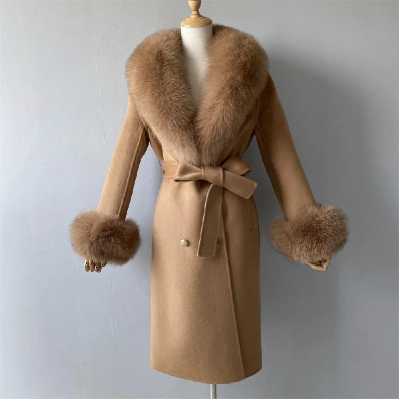 Women's Camel Brown Cashmere Wool Blends Real Fox Fur Collar Winter Jacket