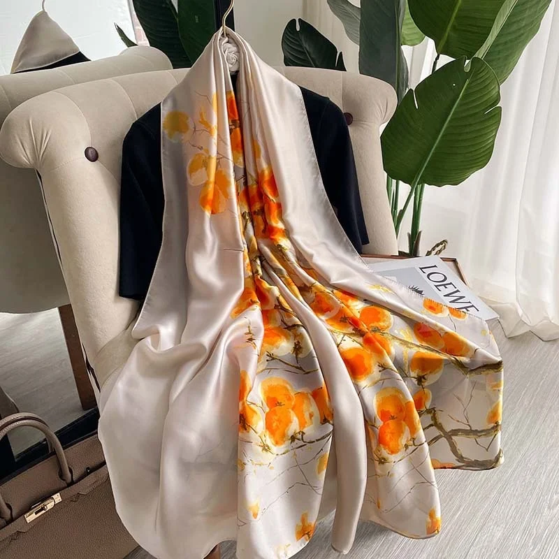 Women's Casual Long Bandana Big Floral Printed Wrap Soft Silk Shawl