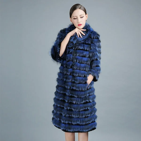 Women's Casual Real Silver Fox Fur 100cm Long Stripped Winter Jacket