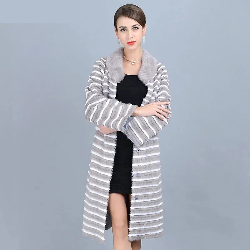 Women's Casual Warm Natural Mink Fur Knitted Long Jackets with Belt