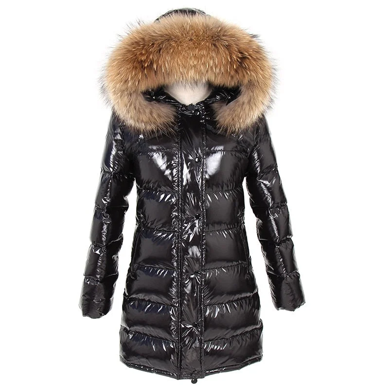 Women's Duck Down Lining Real Raccoon Fur Collar Shiny Jacket