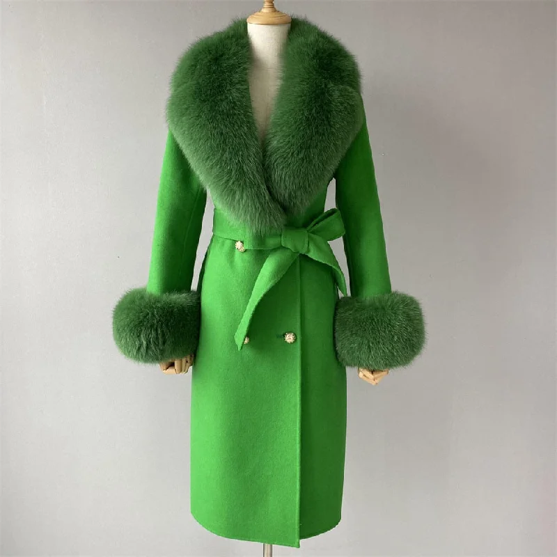 Women's Green Wool Real Fur Collar Cuffs Double Faced Long Winter Jacket