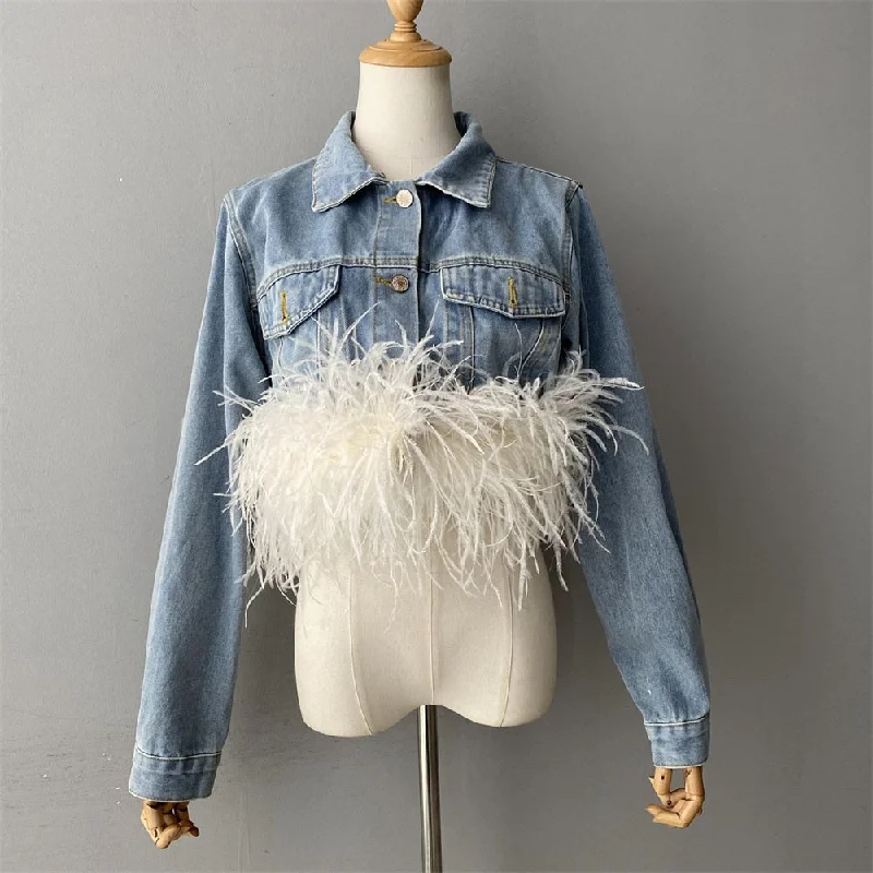 Women's Light Blue Denim Ostrich Feather Full Sleeves Jacket Outerwear