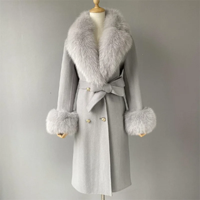 Women's Light Gray Winter Wool Real Fur Collar Cuffs Double Faced Jacket