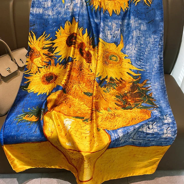 Women's Luxury Designer Sunflower Print Colorful Silk Soft Shawl