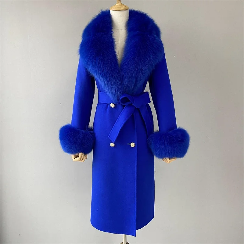 Women's Navy Blue Winter Wool Real Fur Collar Cuffs Double Faced Jacket