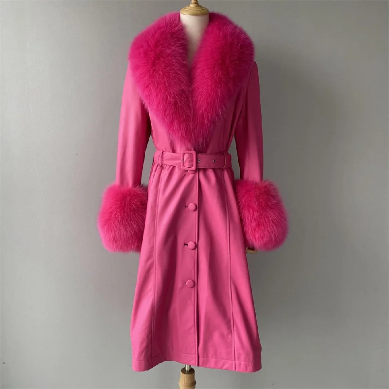 Women's Plus Size Genuine Leather Real Fox Fur Collar Long Trench Coat