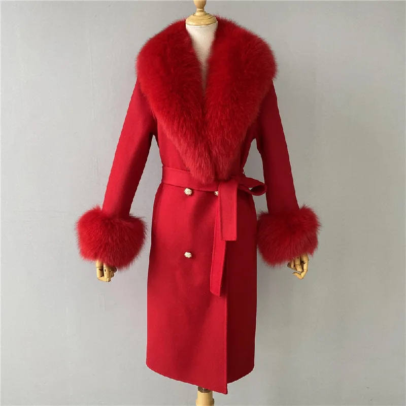 Women's Red Cashmere Wool Blends Natural Fox Fur Collar Long Winter Jacket