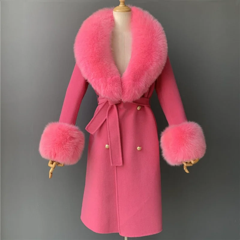 Women's Rose Red Cashmere Wool Natural Fox Fur Collar Long Winter Jacket