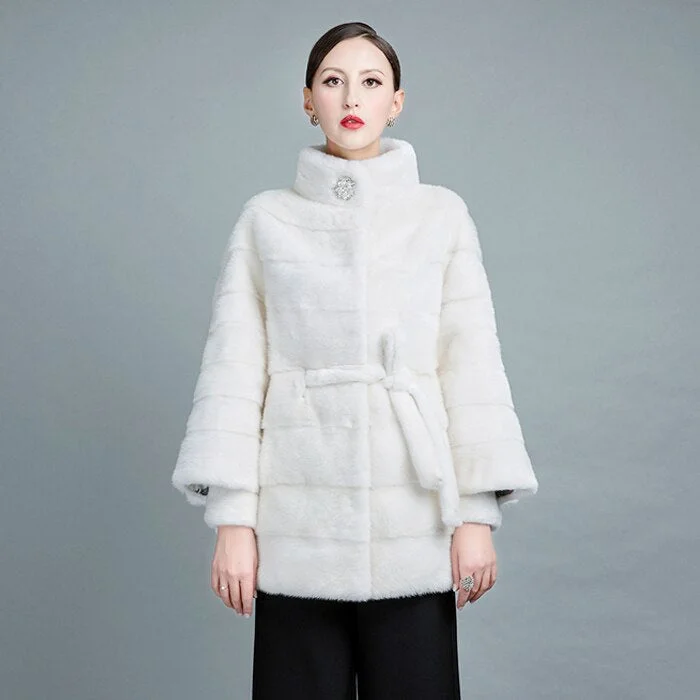 Women's White Natural Mink Fur Stripe Thick Winter Jackets with Belt