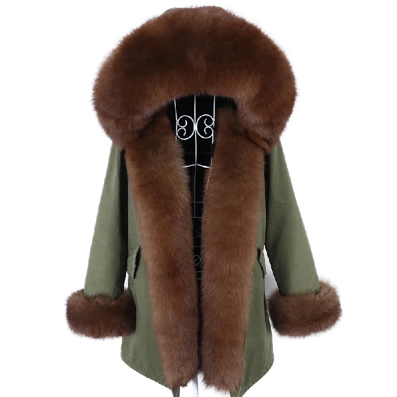 Women's Winter Fashion Real Fox Fur Collar Long Hooded Parkas Jacket