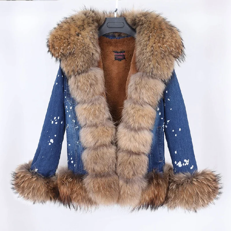 Women's Winter Fox Fur Collar Rabbit Fur Lining Warm Denim Jacket