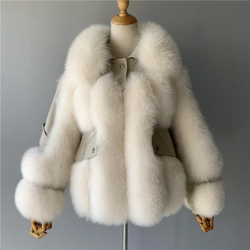 Women's Winter Genuine Sheepskin Leather Fox Fur Thick Big Jacket