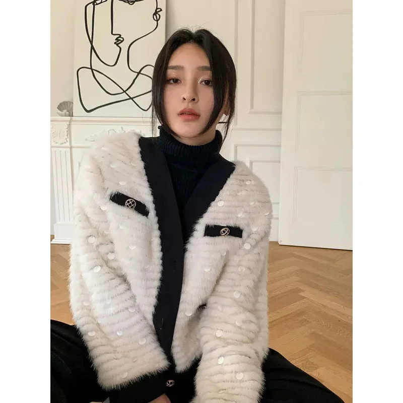 Women's Winter Natural Mink Fur Sequin Decoration Knitted Jackets