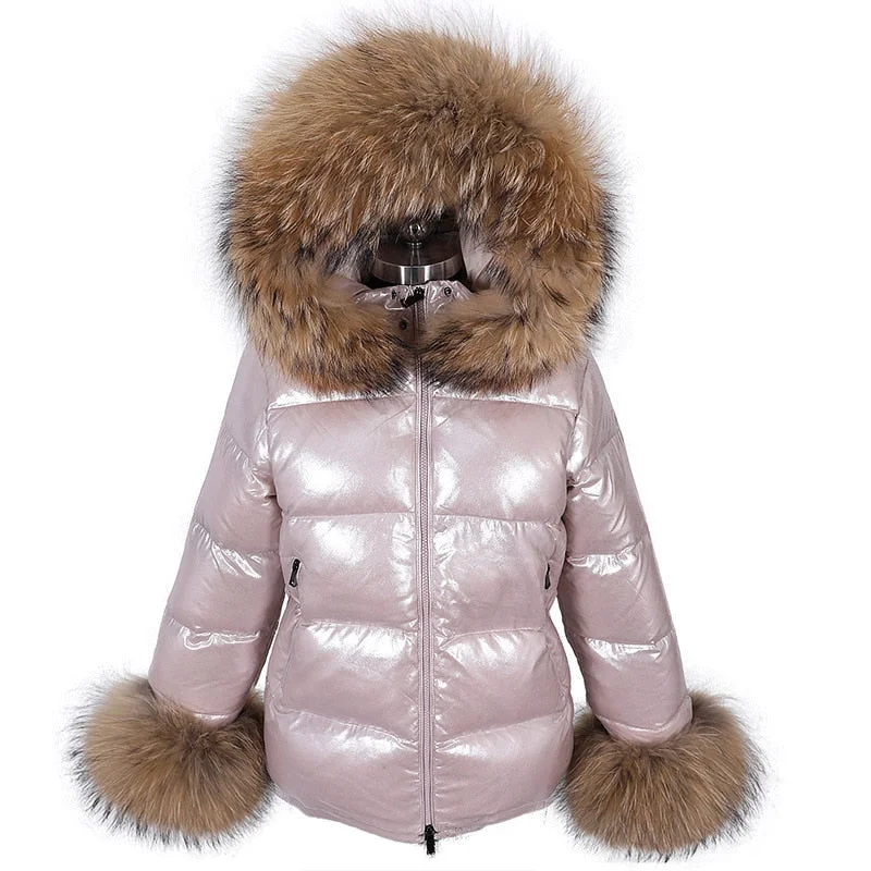 Women's Winter Natural Raccoon Fox Fur Feather Collar Puffer Jacket