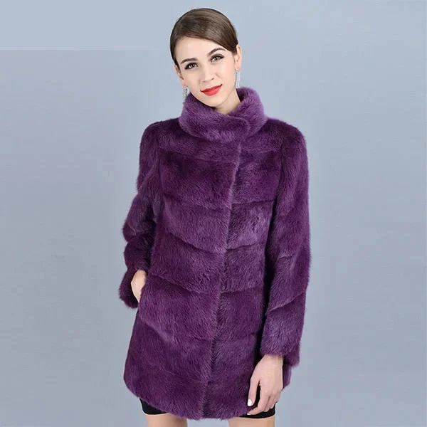 Women's Winter Purple Real Mink Fur Stand Collar Leisure Fashion Jackets