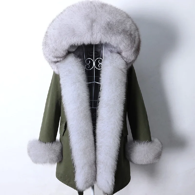 Women's Winter Removable Fox Fur Collar Long Hooded Parkas Jacket