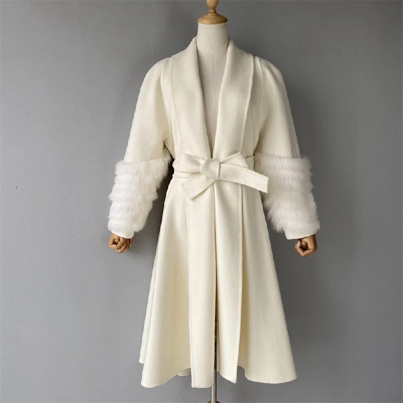 Women's Winter Solid Cashmere Natural Fox Fur Cuffs Long Belt Jackets