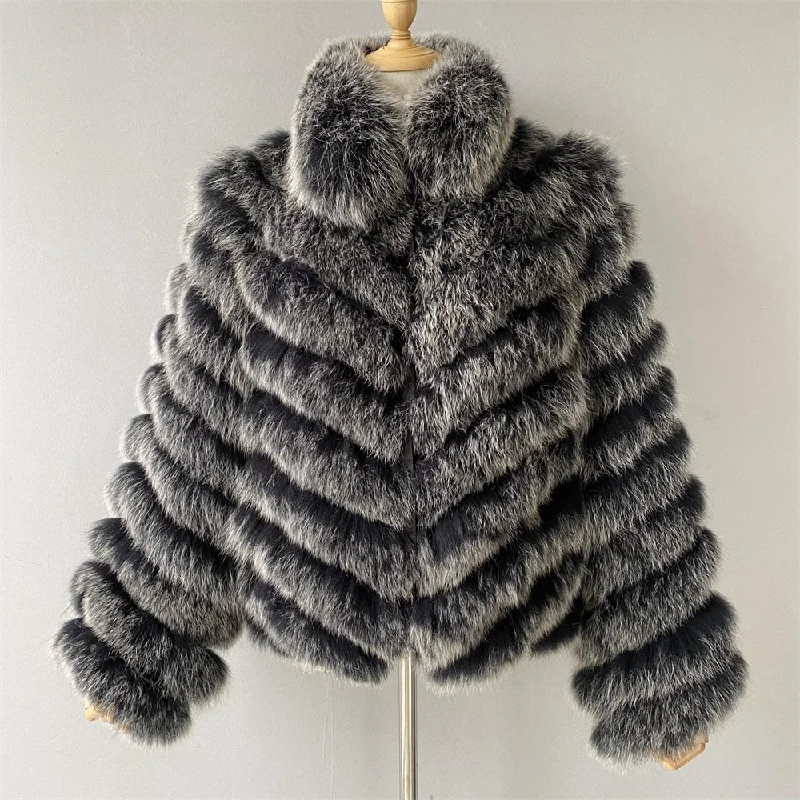 Women's Winter Solid Real Fox Fur Silk Liner Reversible Wear Zipper Jacket