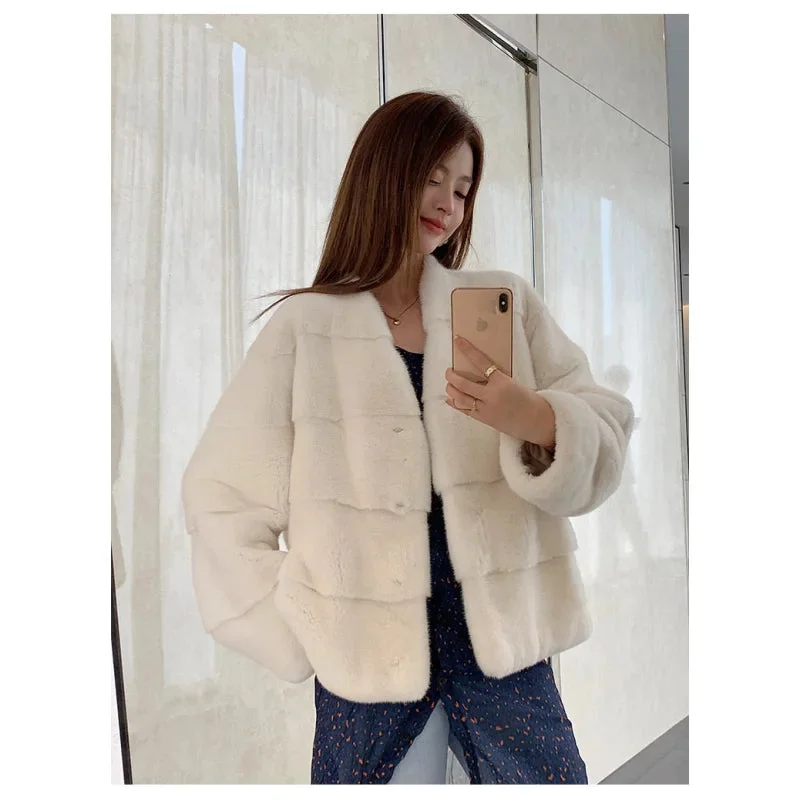 Women's Winter Warm Natural Mink Fur Mandarin Collar Double-faced Jacket