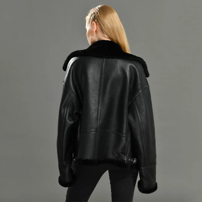 Women's Winter Warm Real Lamb Wool Loose Motorcycle Streetwear Jacket