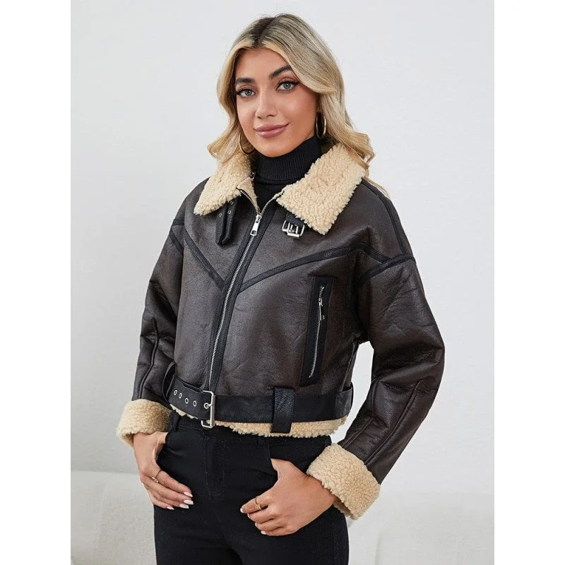 Women's Winter Warm Synthetic Leather Moto Biker Zipper Short Jacket with Belt