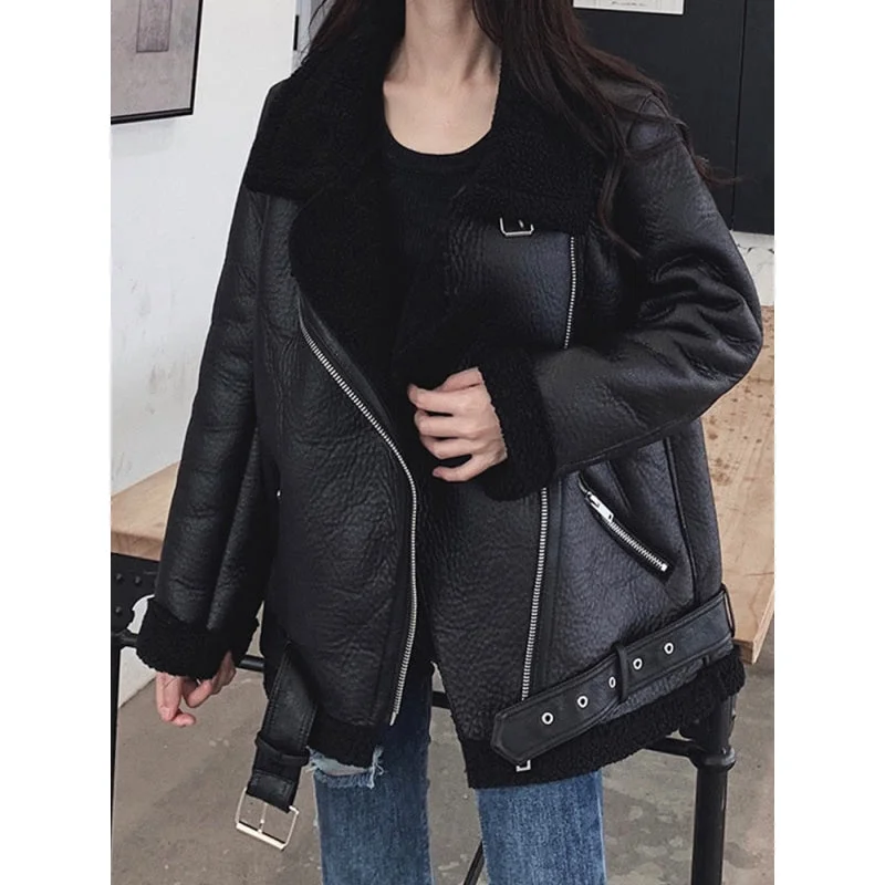 Women's Winter Warm synthetic Leather Turn Down Collar Zipper Jacket with Belt