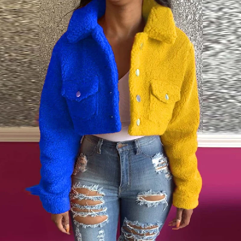 FashionSierra - Yellow Blue Color Block Spliced Crop Jackets